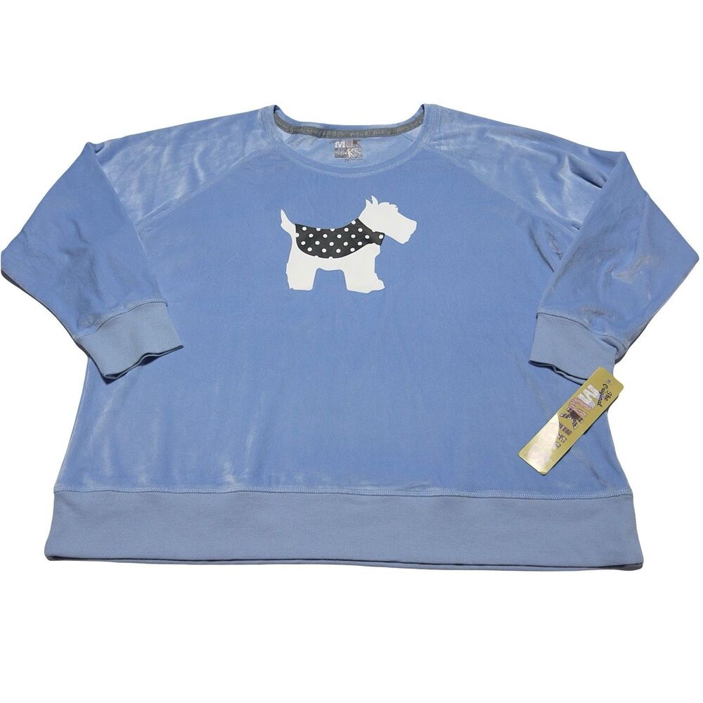 Muk Luks Velour Lounge Pajama Top Blue Scottie Dog Long Sleeve Pullover 2X NWT